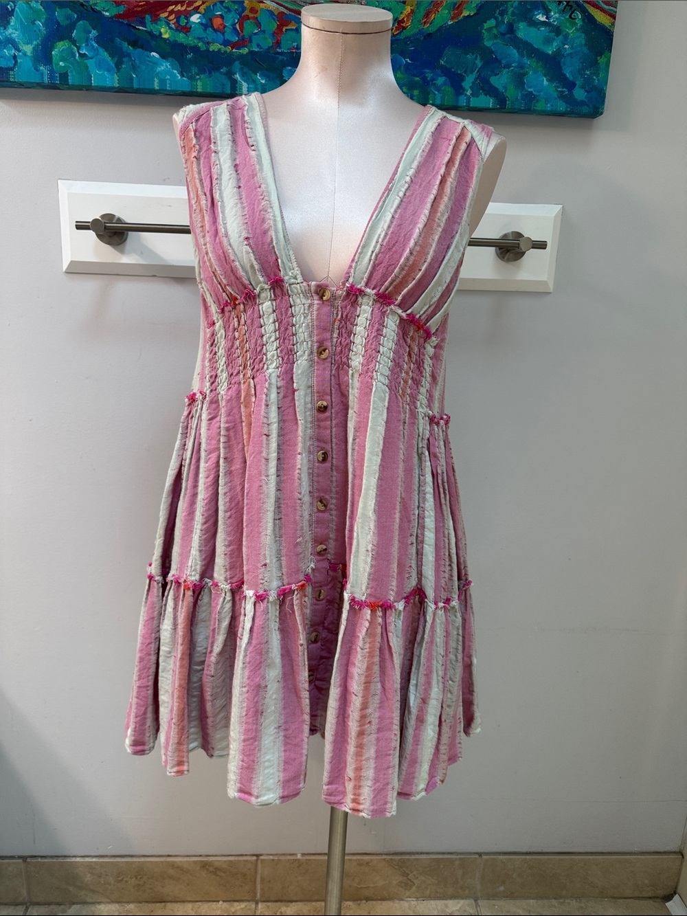 Free People Do It Again Frayed Trim Mini Dress Dragon Fruit Combo Stripe